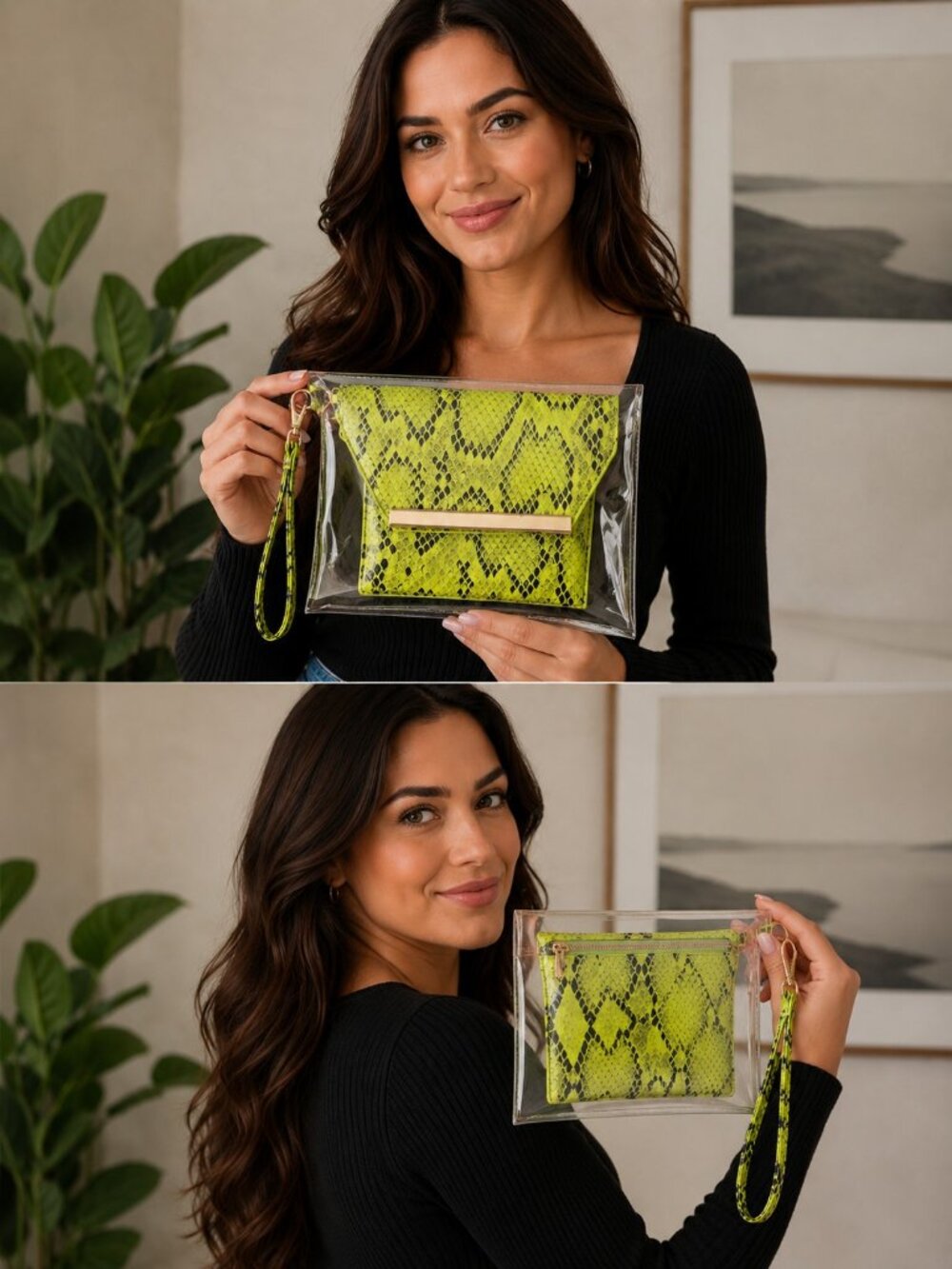 Urban Expressions Clear Stadium Bag w/ Neon Yellow Snakeskin Pouch–Vegan – NWT's